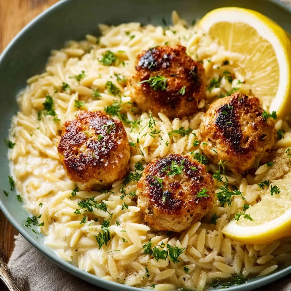 A bowl of Chicken Meatballs with Creamy Lemon Orzo, garnished with a lemon wedge.