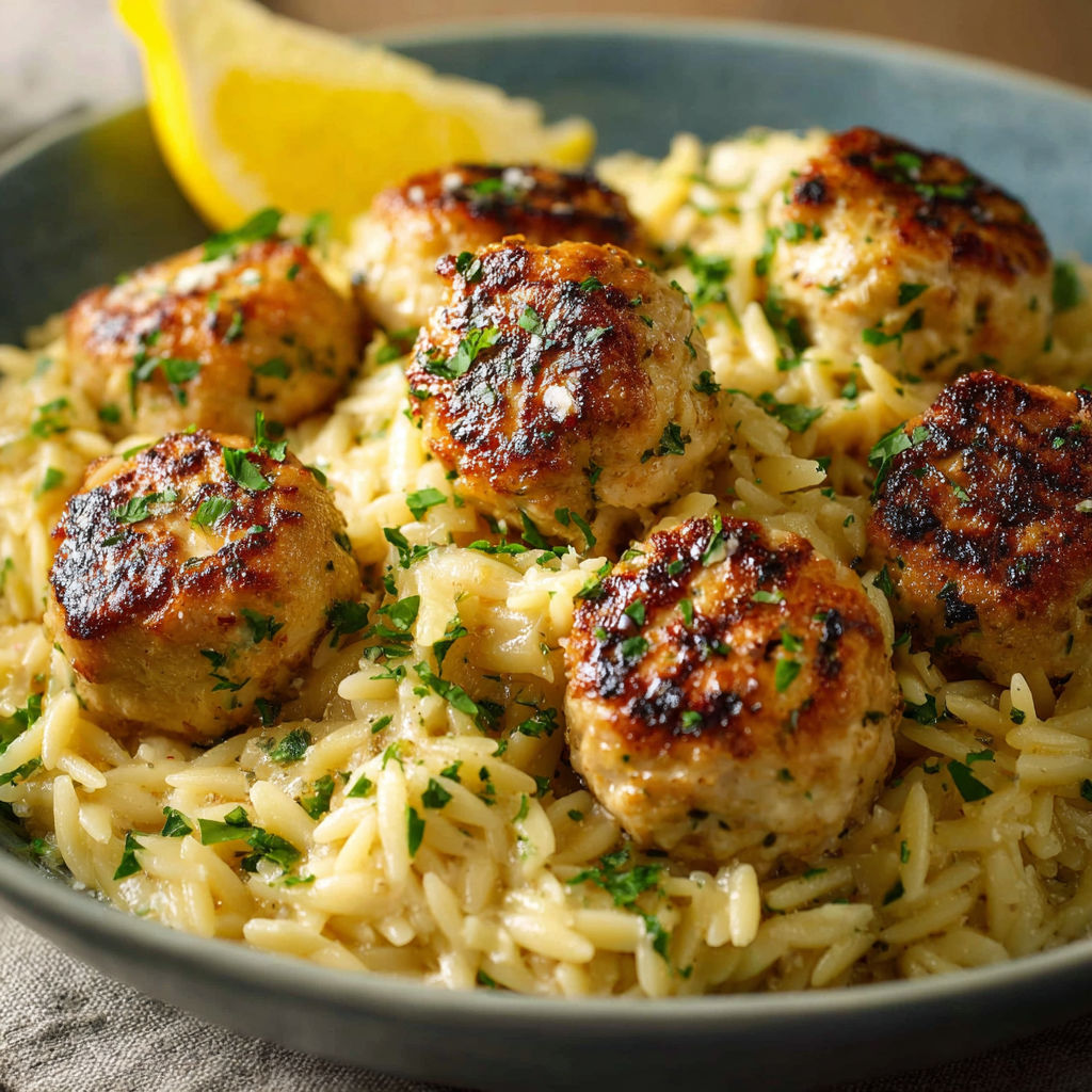 A plate of chicken meatballs with creamy lemon orzo.