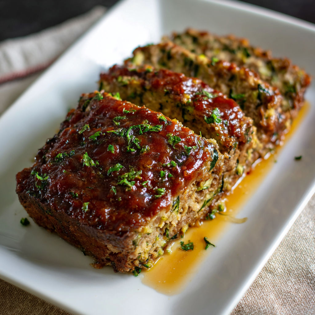 A white plate holds a slice of meatloaf with a glaze.