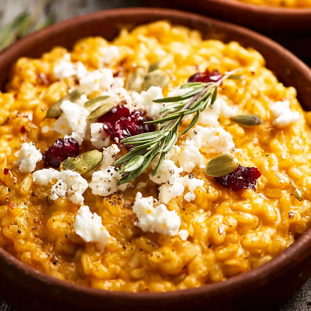 A bowl of creamy yellow rice with a sprinkle of feta cheese and a garnish of fresh herbs.