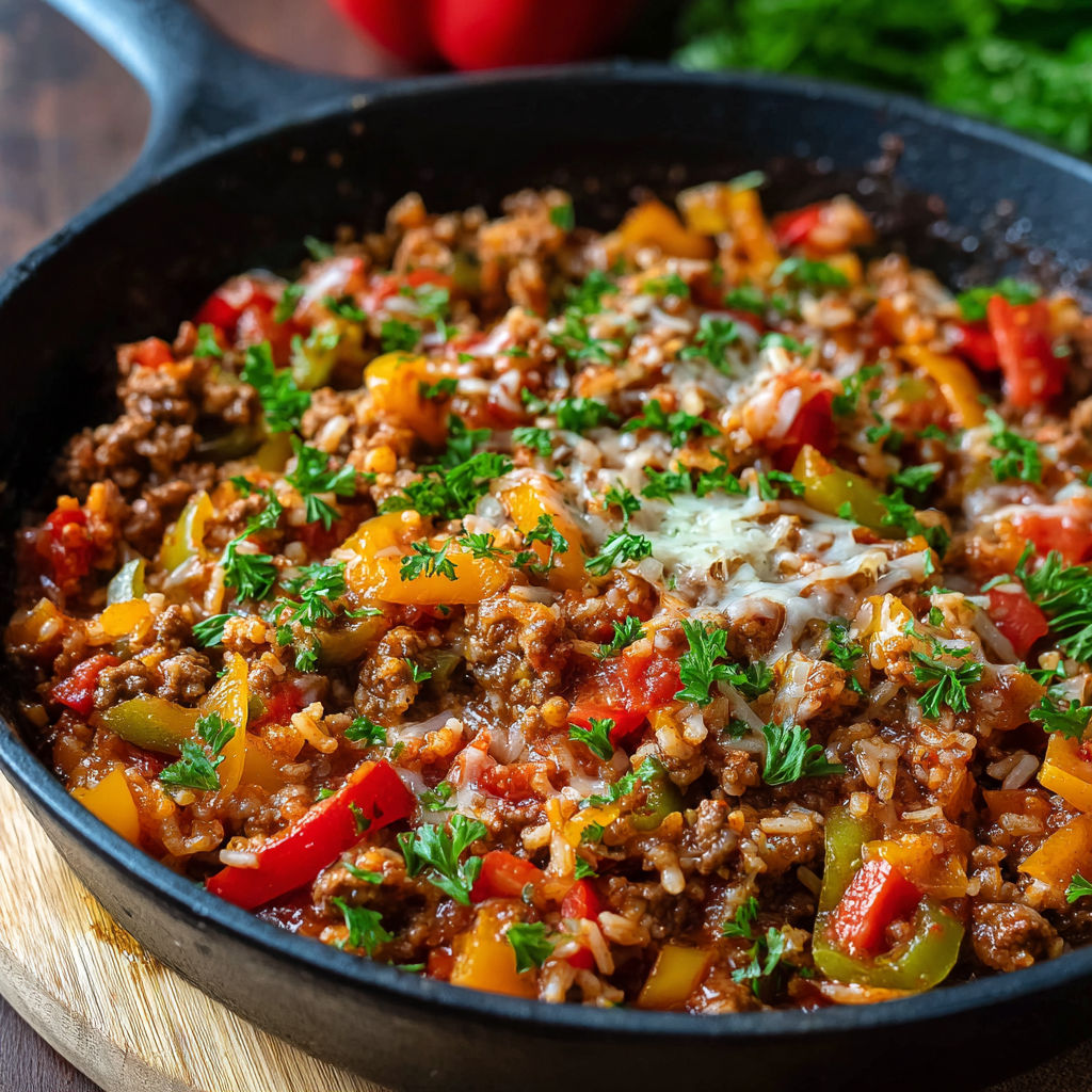 A skillet filled with a delicious meal of rice, peppers, and meat, ready to be cooked.
