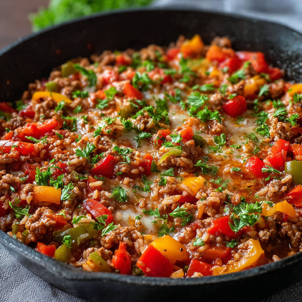 A delicious meal of rice and meat with a variety of vegetables, including peppers and tomatoes, is cooked in a skillet.