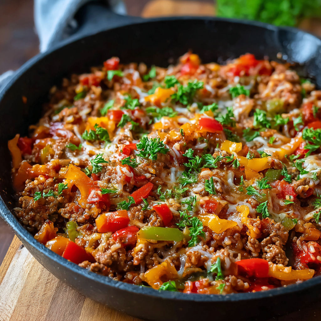 A delicious meal of beef and vegetables, including peppers, onions, and tomatoes, is cooked in a skillet.