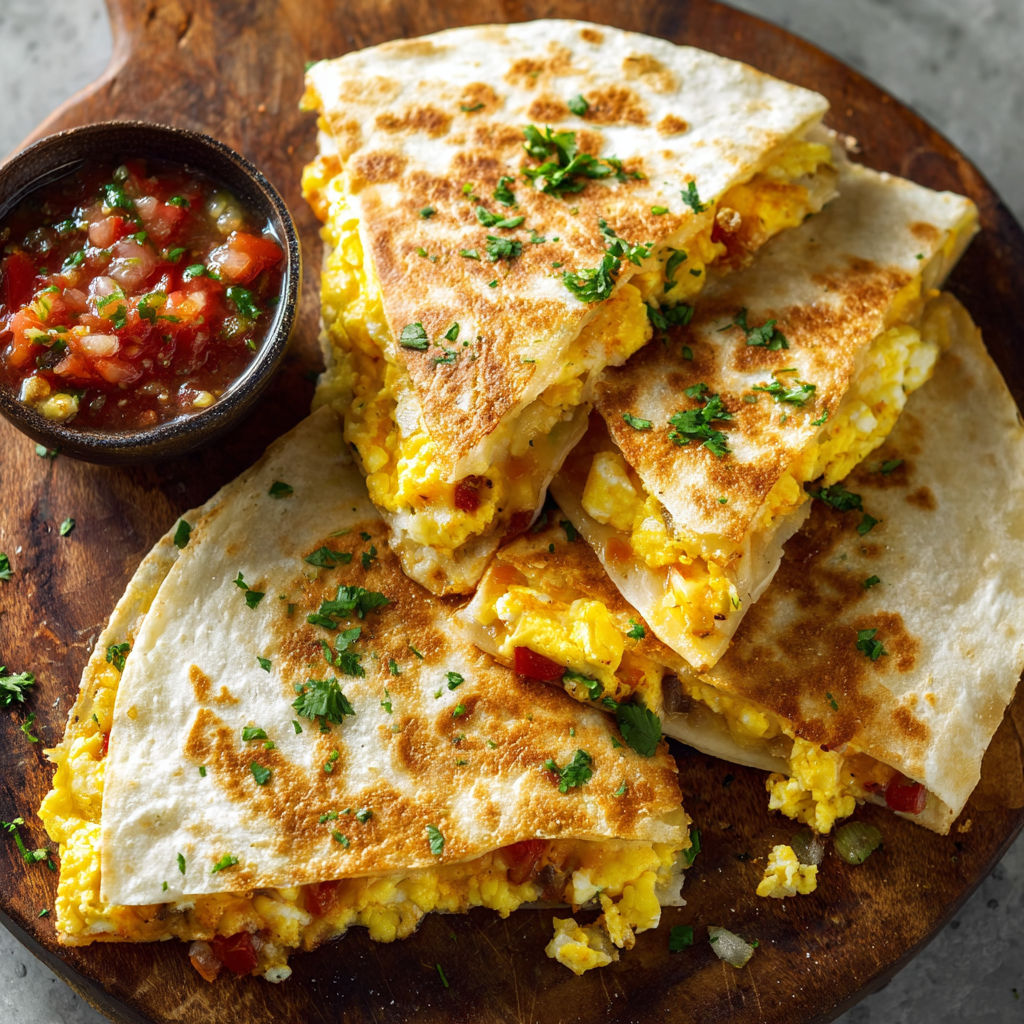 A delicious breakfast quesadilla with eggs, cheese, and tomatoes, served on a wooden platter.