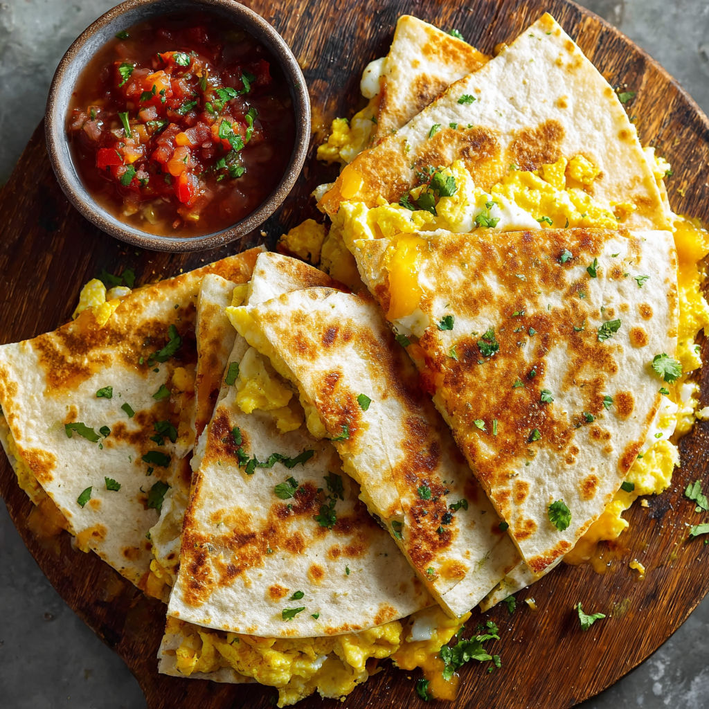 A delicious breakfast dish of eggs, cheese, and tortilla is served on a wooden platter.