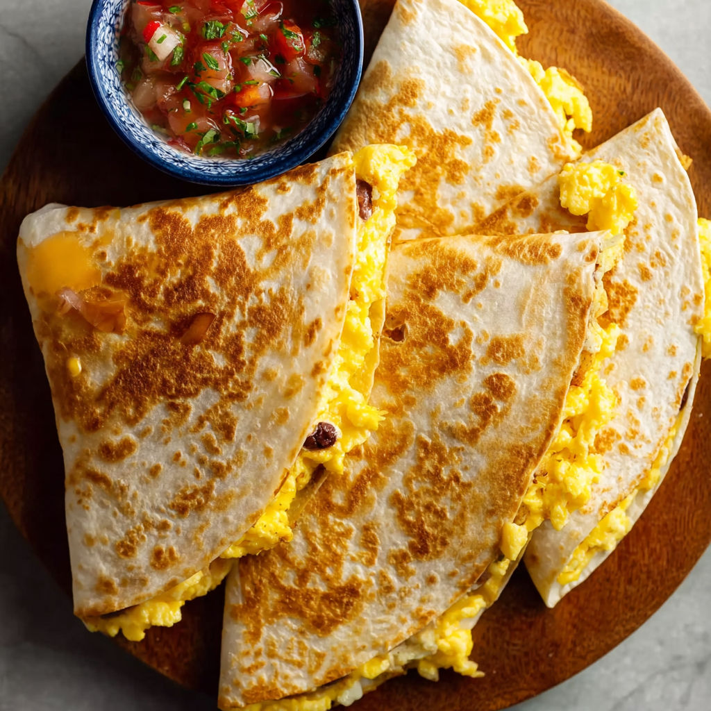 A delicious breakfast burrito with eggs and salsa.