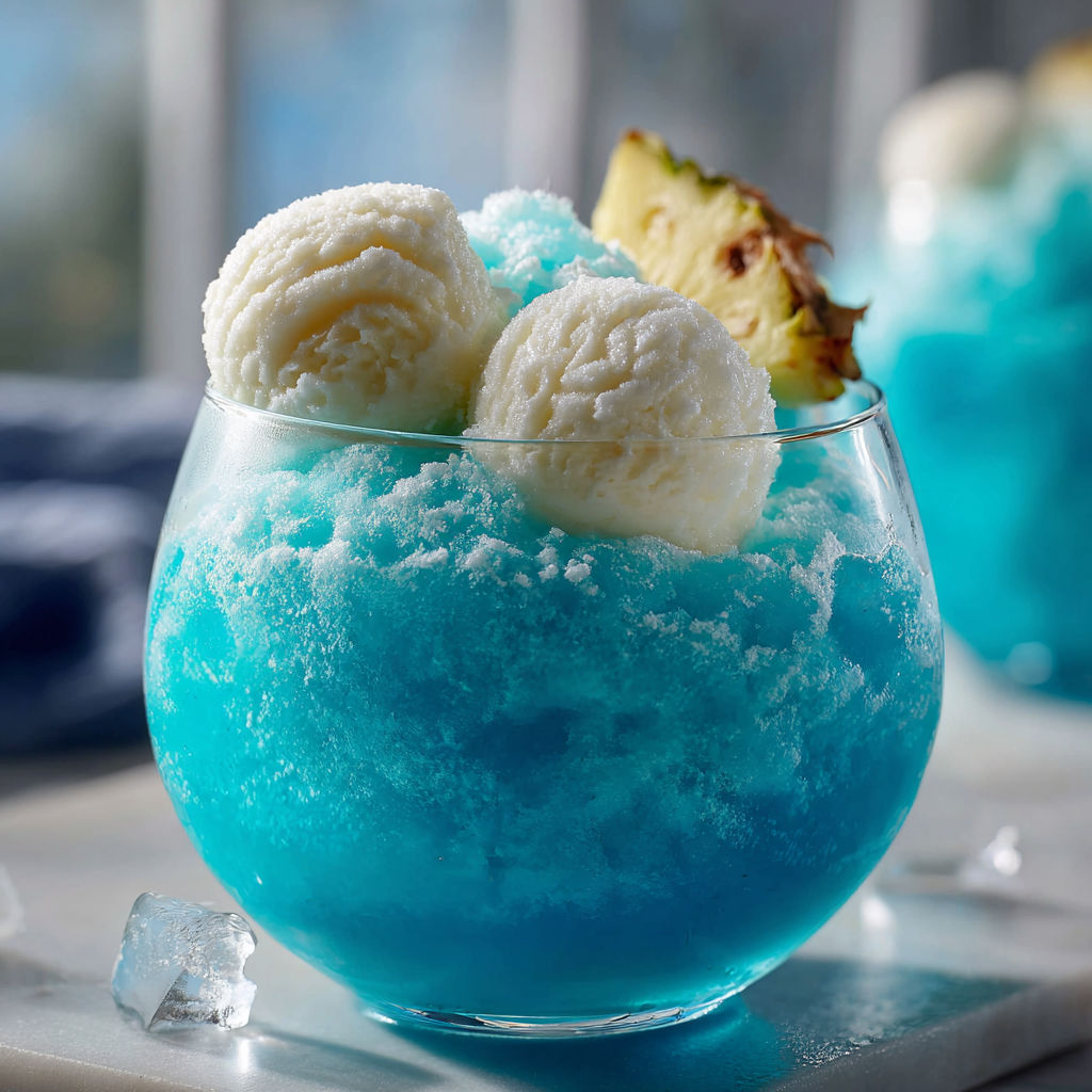 A glass of Frozen Snowball Punch is served in a blue glass.