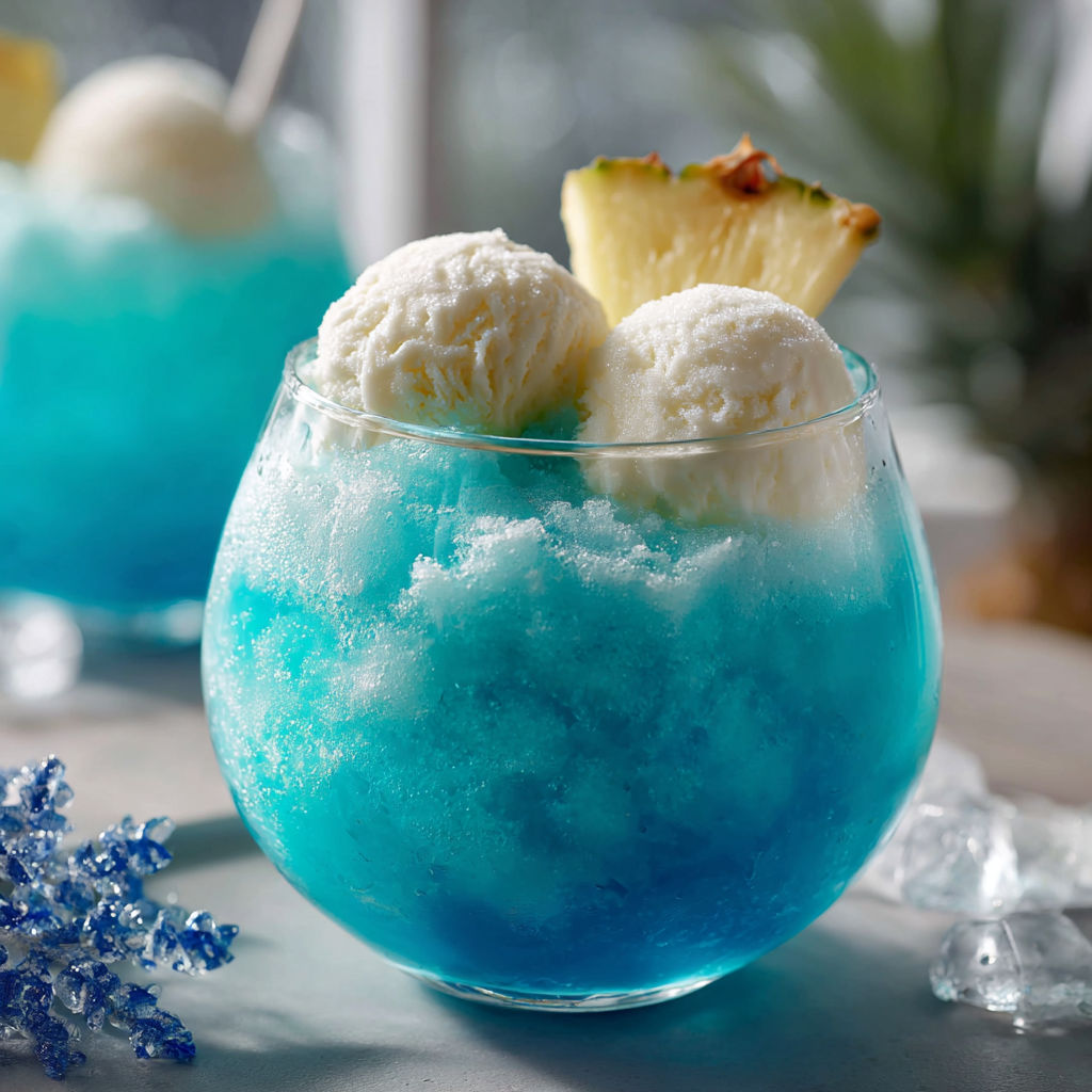 A blue bowl filled with a frozen drink, topped with a pineapple wedge and a cherry, is served in a restaurant.