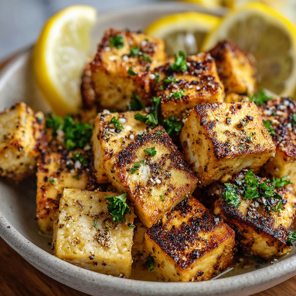 A bowl of baked lemon pepper tofu cubes with a lemon wedge on top.