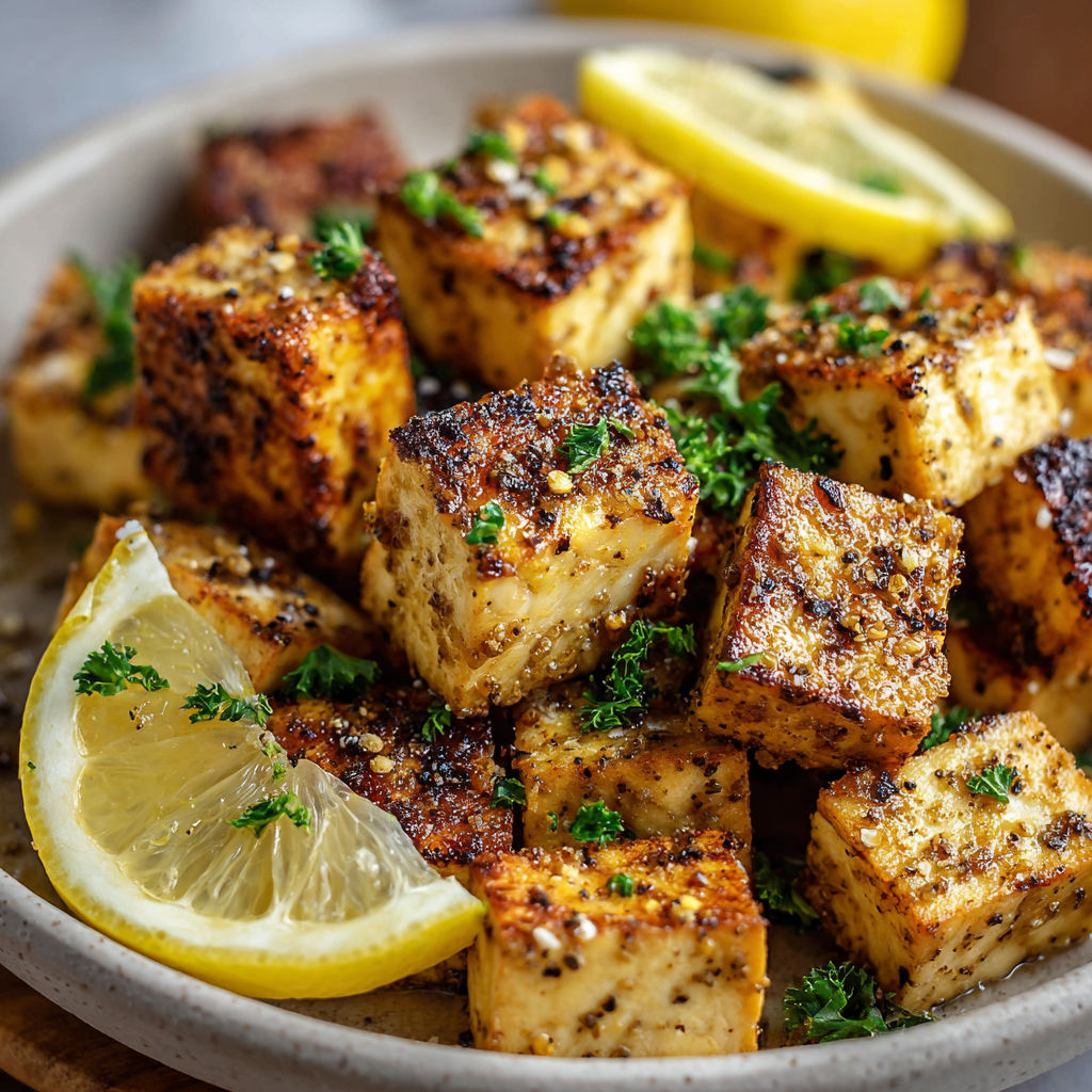 A bowl of baked lemon pepper tofu cubes with a lemon wedge on top.