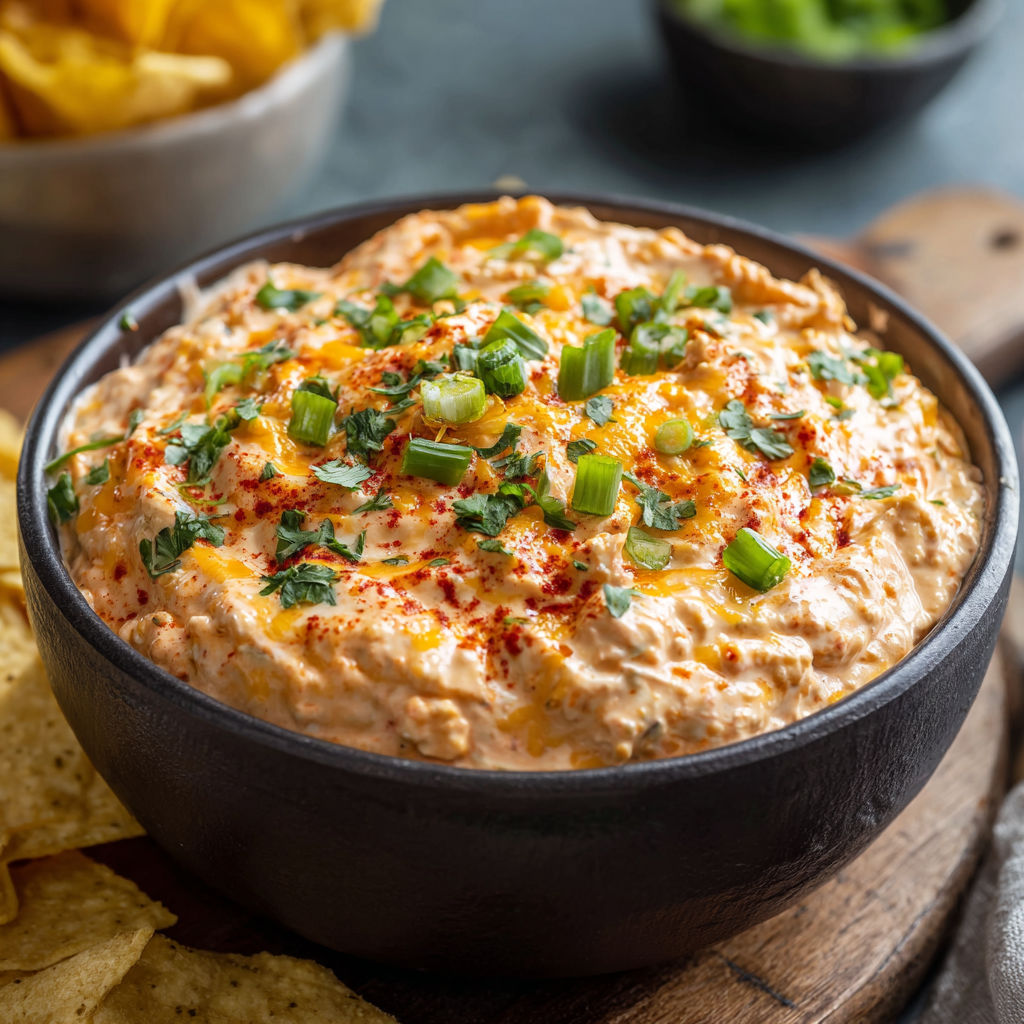 A bowl of red dip with green onions and red peppers, accompanied by a side of tortilla chips.