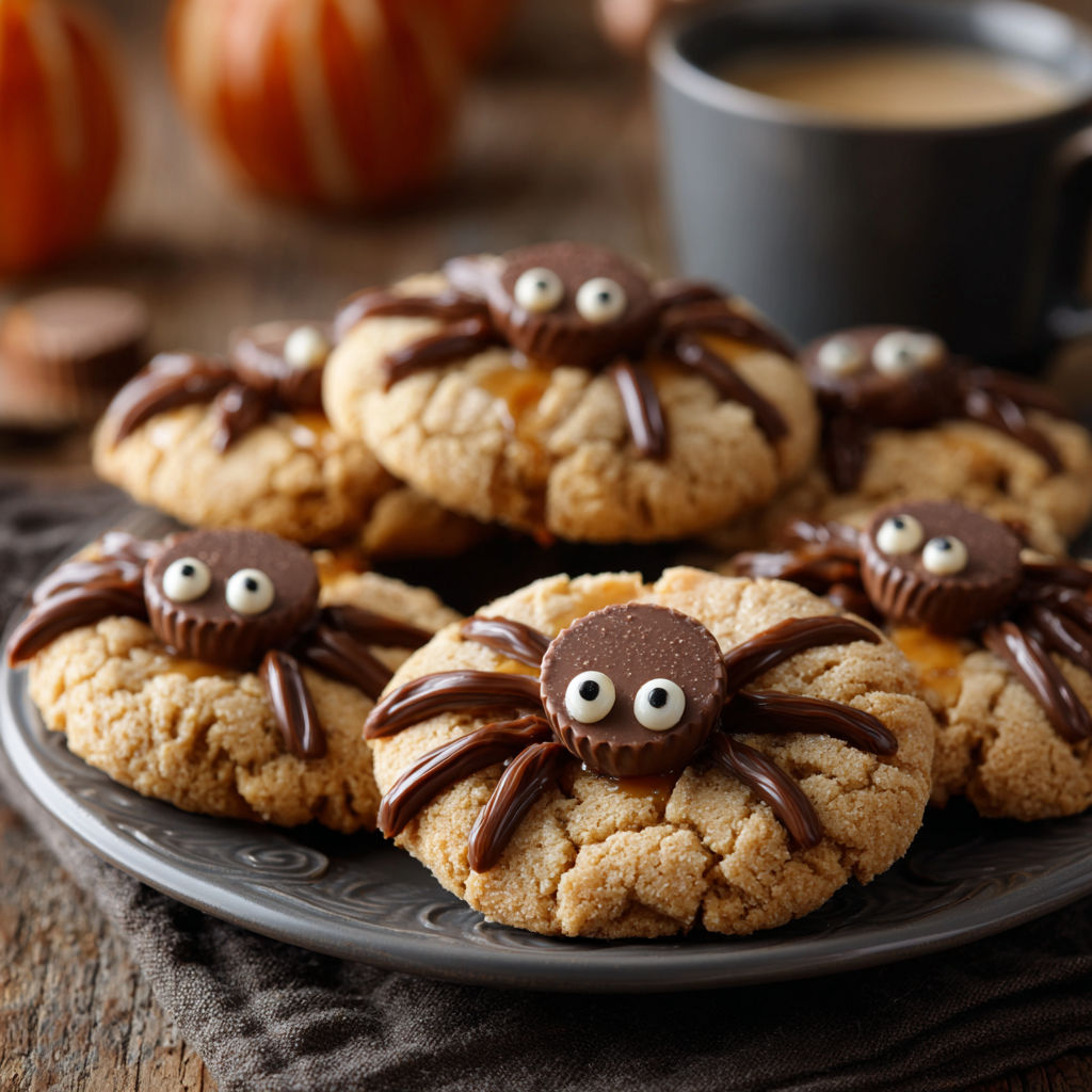A plate of Peanut Butter Spider Cookies with chocolate frosting and candy eyes.