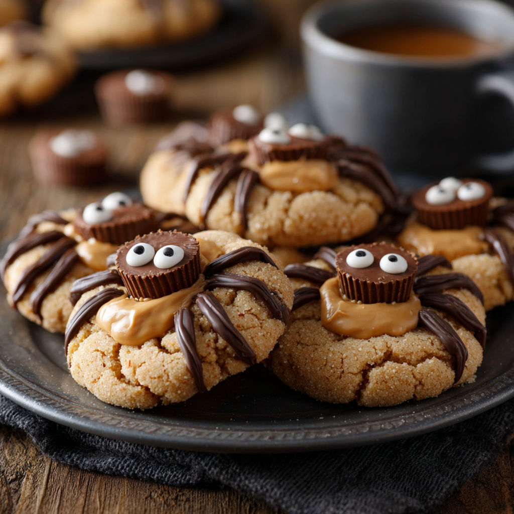 A plate of cookies with spiders on them.