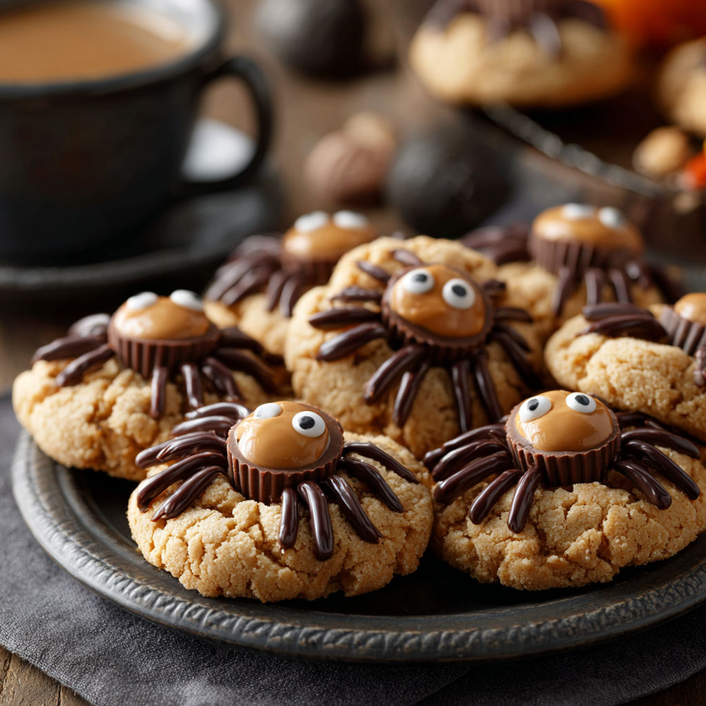 A plate of cookies with spiders on them, with a cup of coffee nearby.