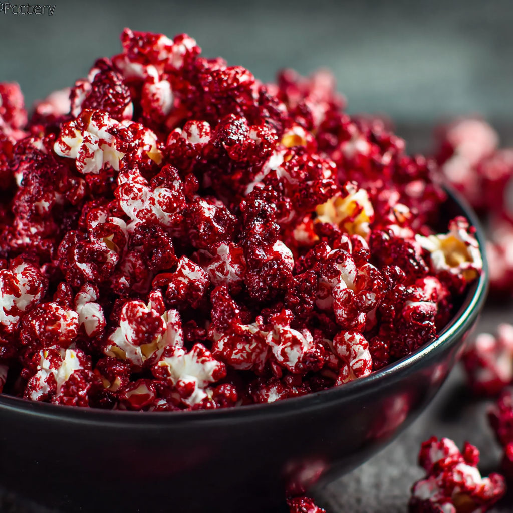 A bowl of red velvet popcorn with white and red popcorn pieces.