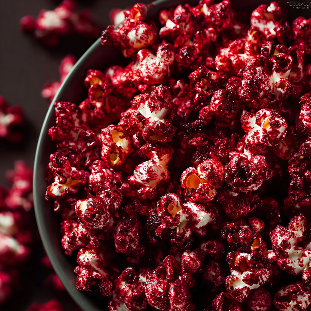 A bowl of popcorn with red and white toppings.