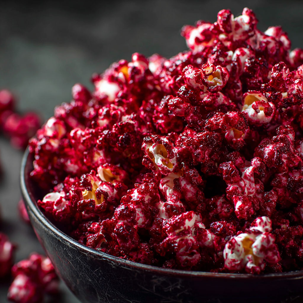 A bowl of red popcorn with white and yellow popcorn kernels mixed in.