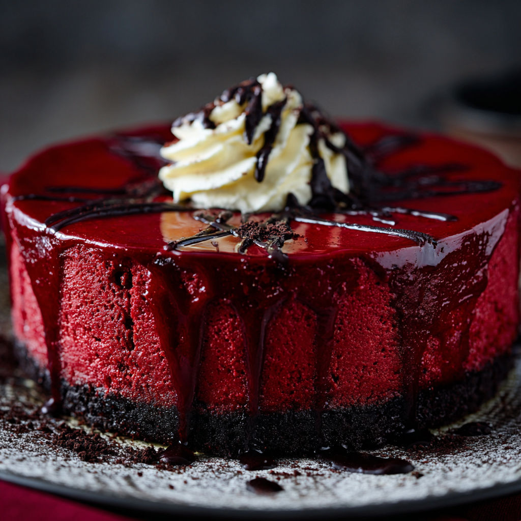 A slice of Vampire Bite Red Velvet Cheesecake with white whipped cream on top.