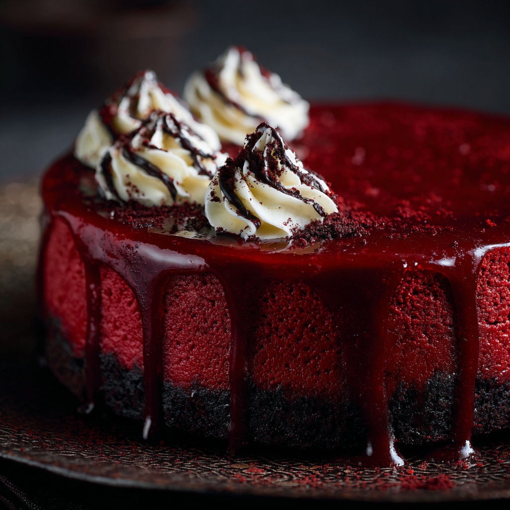 A slice of red velvet cake with white frosting and chocolate drizzle.
