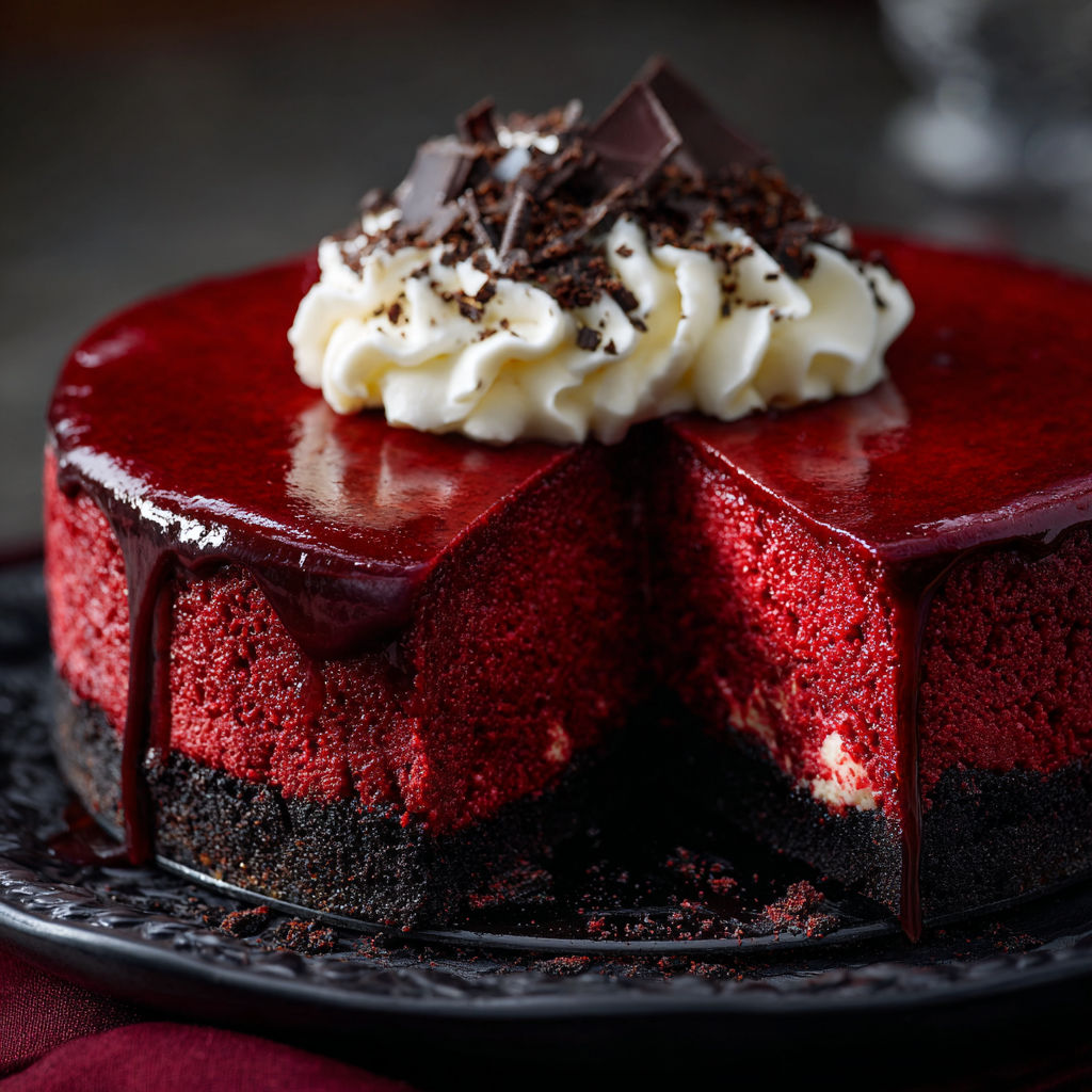 A slice of red velvet cake with white frosting and chocolate chips on top.