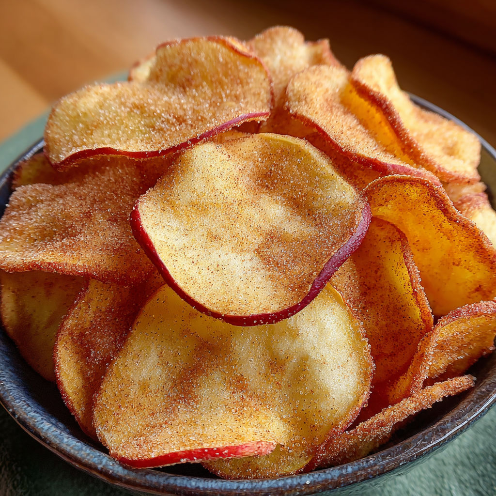 A bowl filled with air fryer apple chips covered in cinnamon sugar.