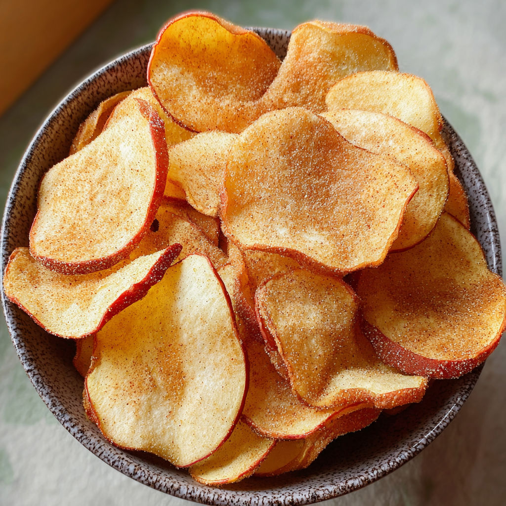 A bowl filled with golden brown apple chips, seasoned with cinnamon sugar, ready to be enjoyed.