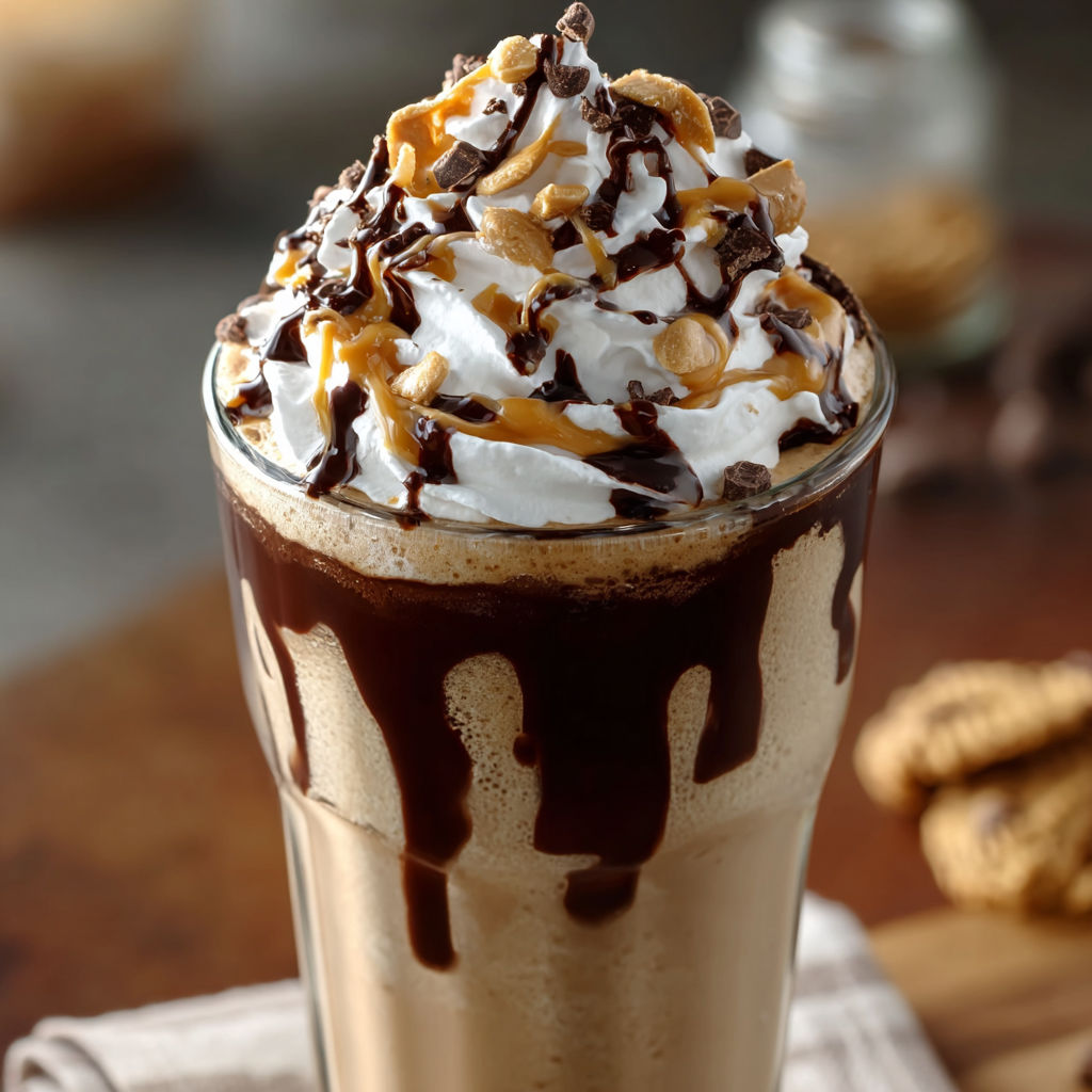 A Reese's Peanut Butter Frappuccino is served in a glass with a drizzle of caramel.