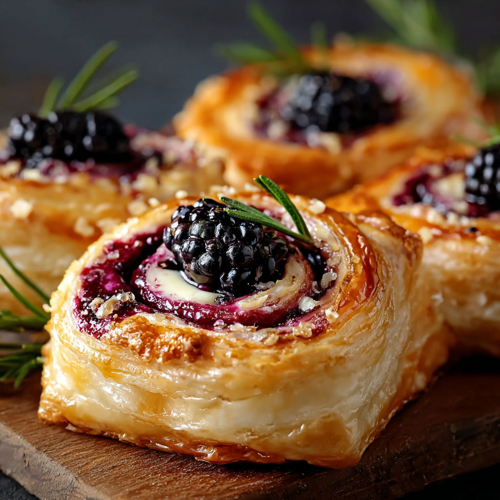 A pastry with blackberry and cheese filling is displayed on a wooden table.
