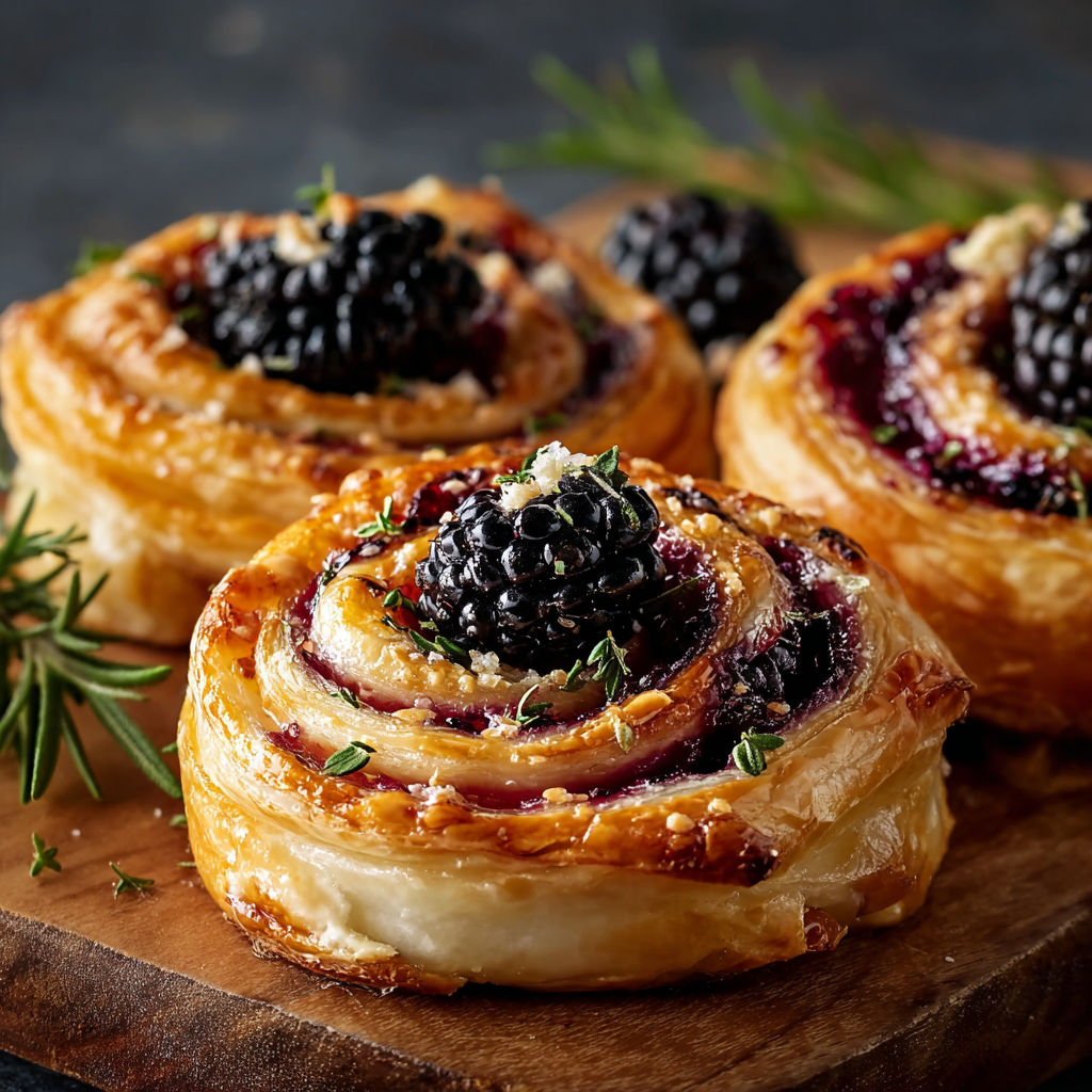 A close up of a pastry with blackberries and cheese on top.