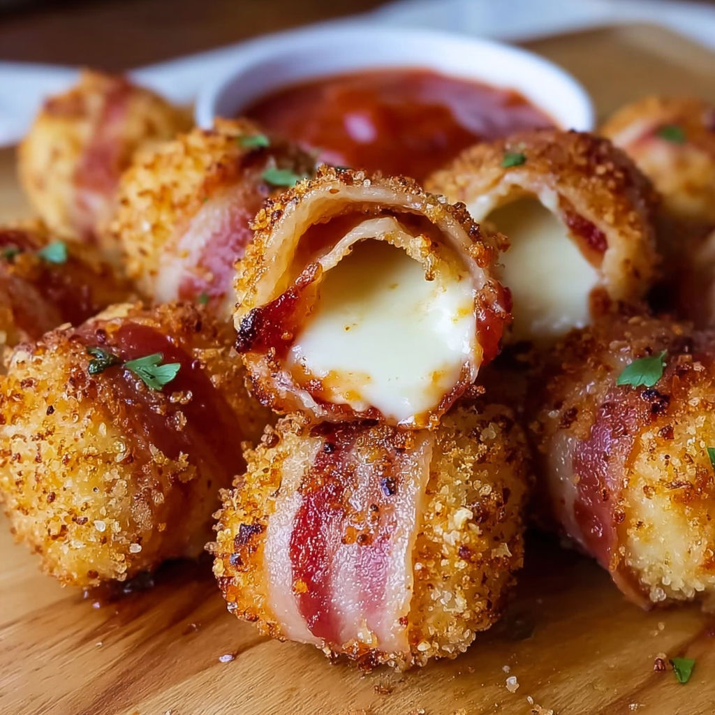 A plate of Stuffed Mozzarella Bacon Bombs, a delicious appetizer.