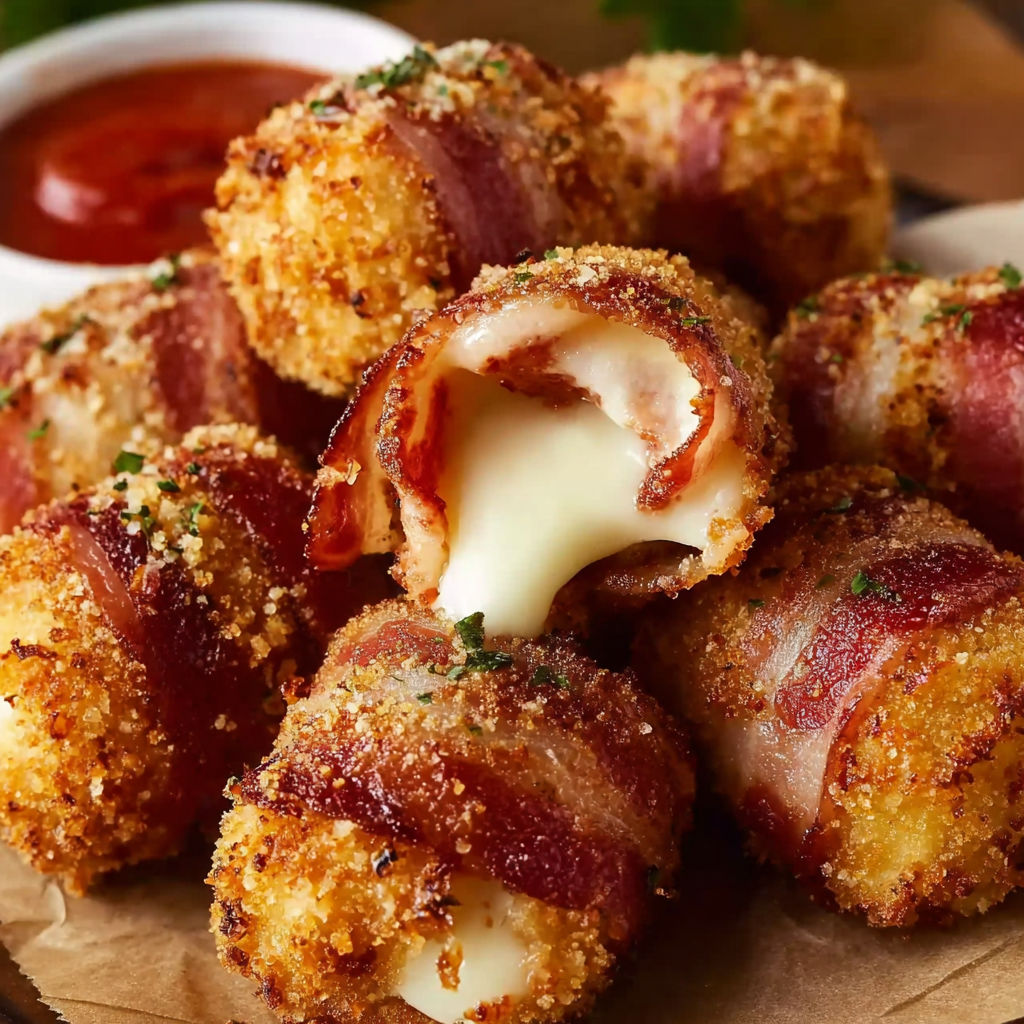 A plate of Stuffed Mozzarella Bacon Bombs, a delicious appetizer.