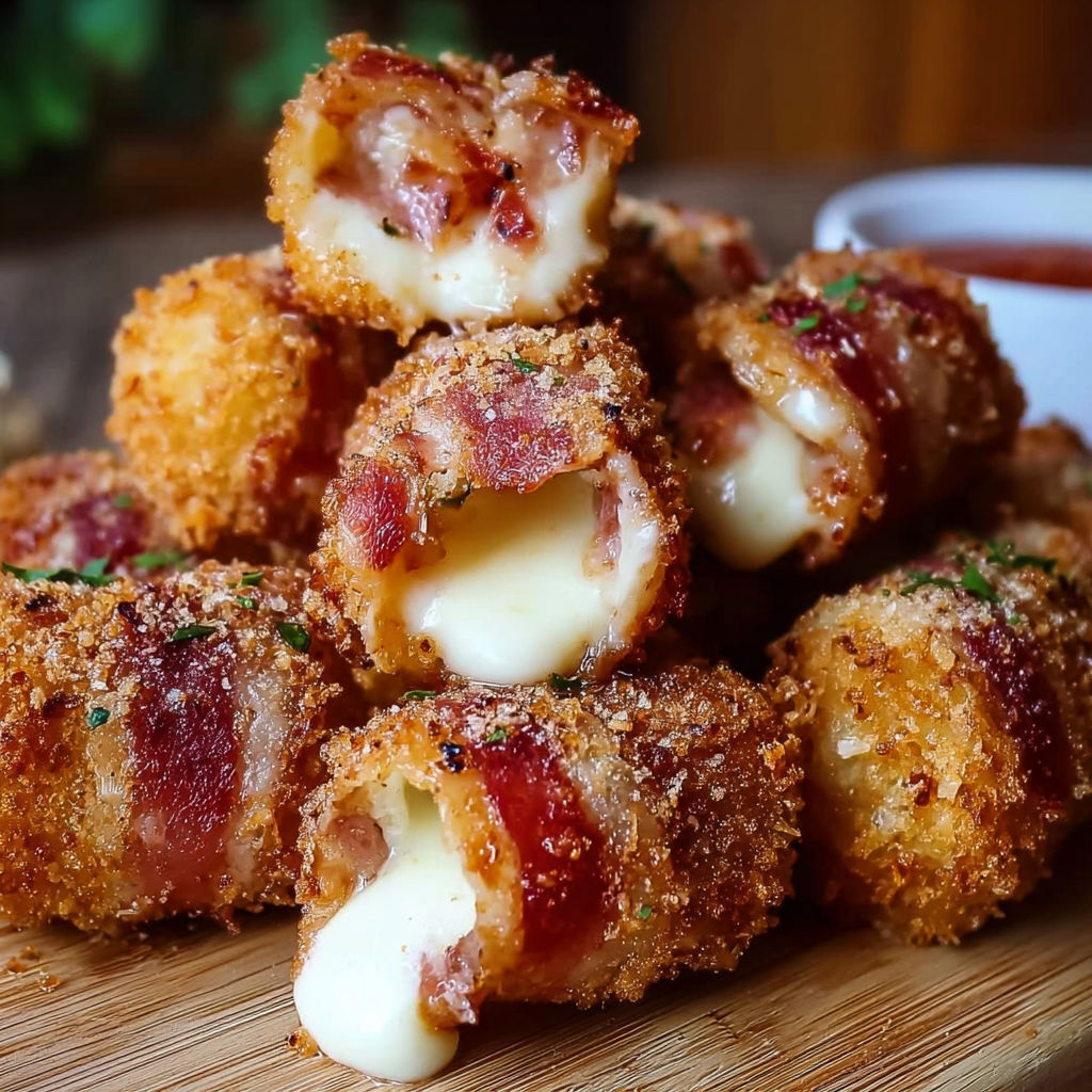 A delicious appetizer, Stuffed Mozzarella Bacon Bombs, is displayed on a wooden table.