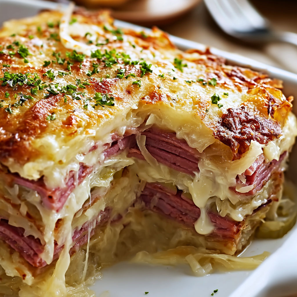 A close up of a delicious layered Reuben Casserole Bake.