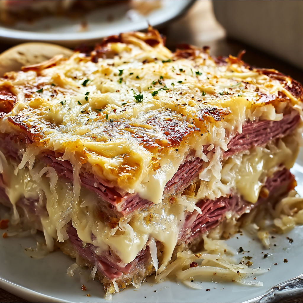 A delicious layered Reuben Casserole Bake is presented on a white plate.