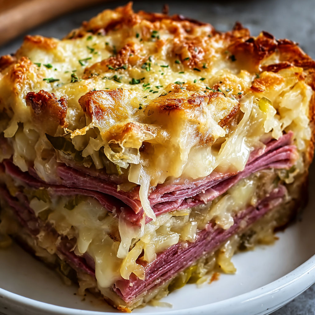 A close up of a layered Reuben Casserole Bake on a white plate.