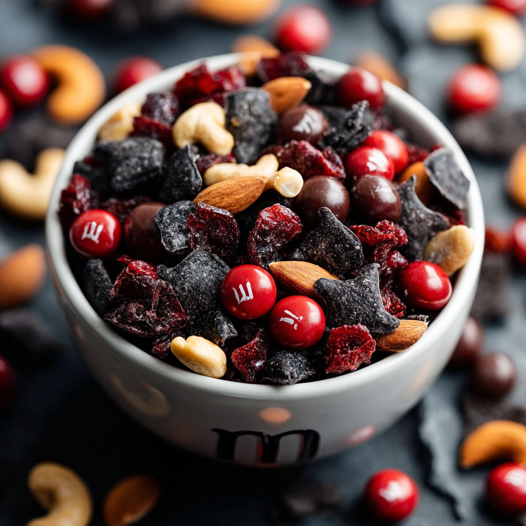 A bowl of Vampire Bite Trail Mix, containing nuts, cranberries, and chocolate chips.