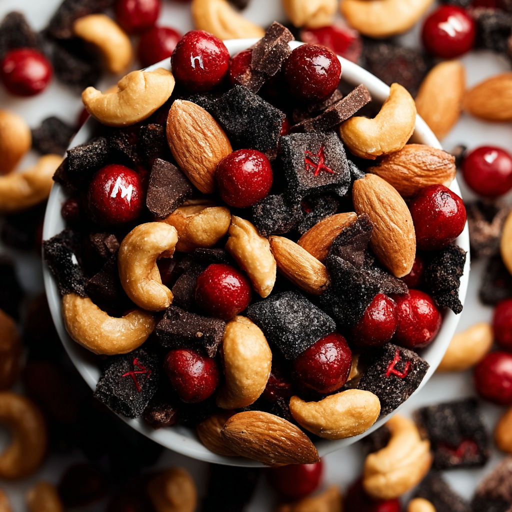 A bowl filled with a mix of nuts, candy, and chocolate.