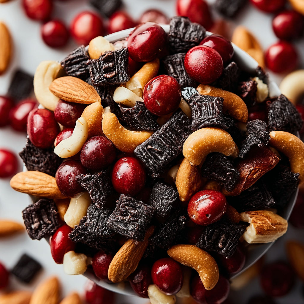 A bowl filled with a variety of nuts, including almonds, cashews, and walnuts, along with cranberries and chocolate chips.