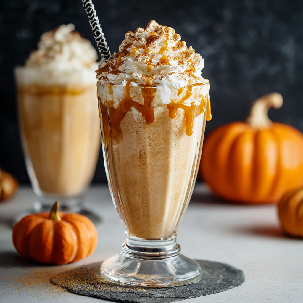A glass of Vampire Bite Red Wine Milkshake is served with a pumpkin on the side.
