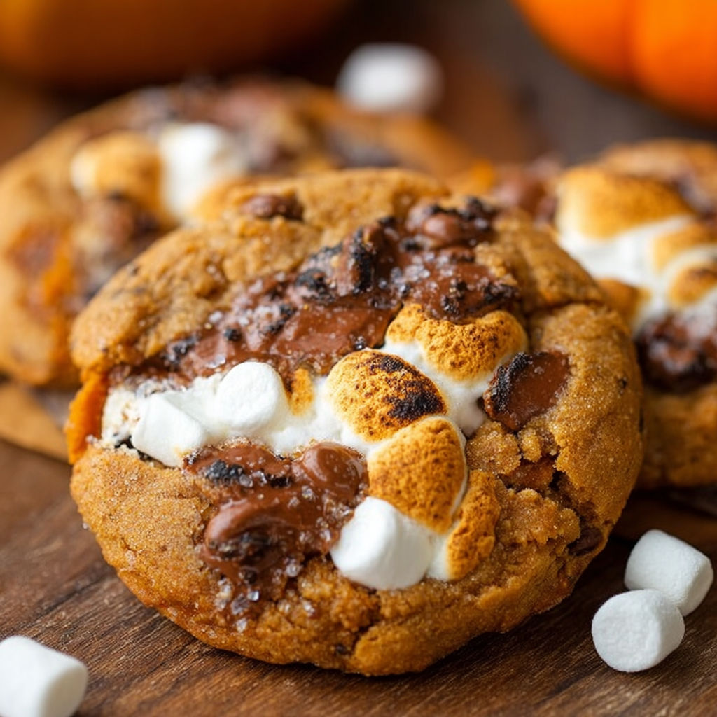 A close up of a delicious Pumpkin S'mores Cookie.