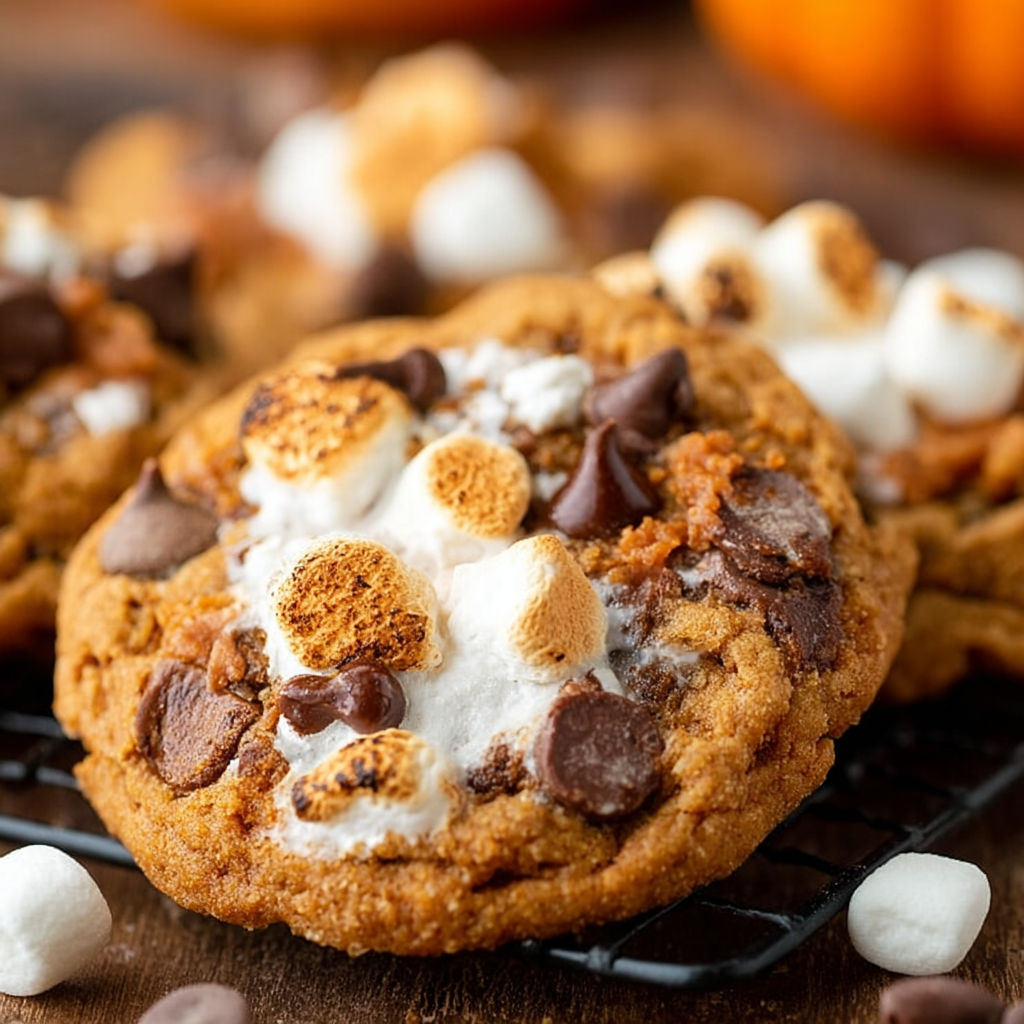 A close up of a delicious Pumpkin S'mores Cookie.