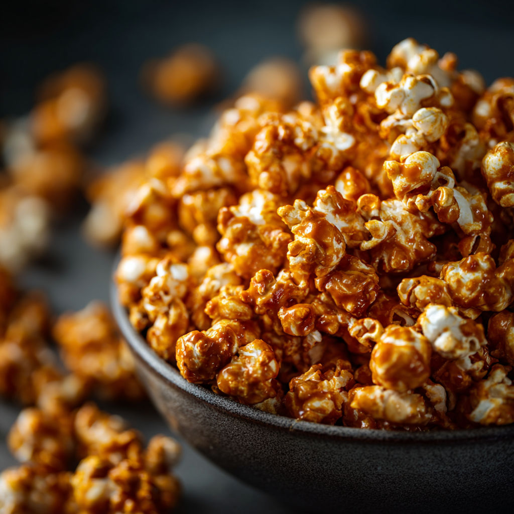 A bowl of popcorn with a yellowish tint, possibly butter or caramel, is placed on a table.
