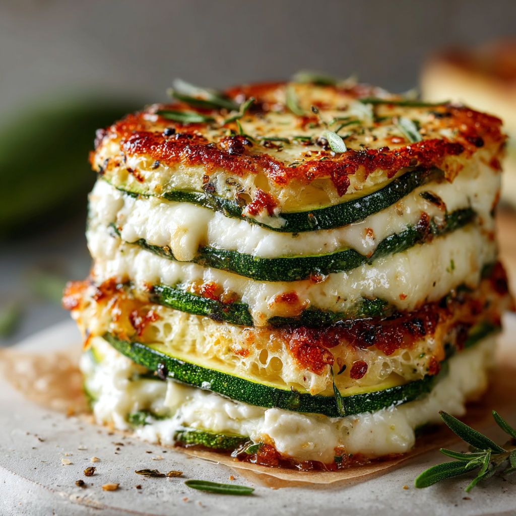 A stack of zucchini layered with cheese and herbs, making a delicious and healthy meal.