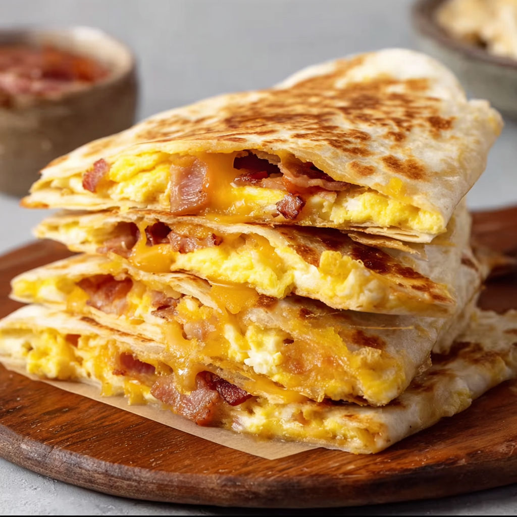 A stack of bacon and egg breakfast burritos on a wooden cutting board.