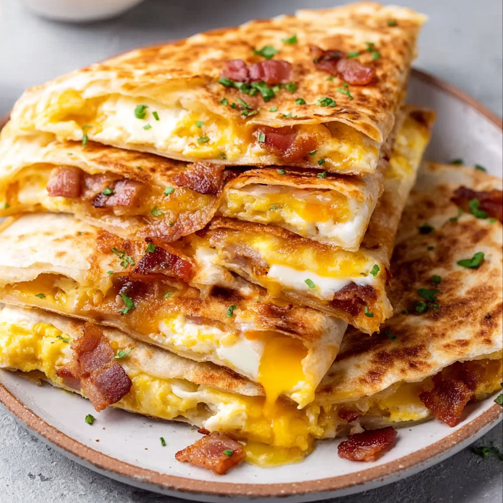 A stack of bacon and cheese quesadillas on a plate.