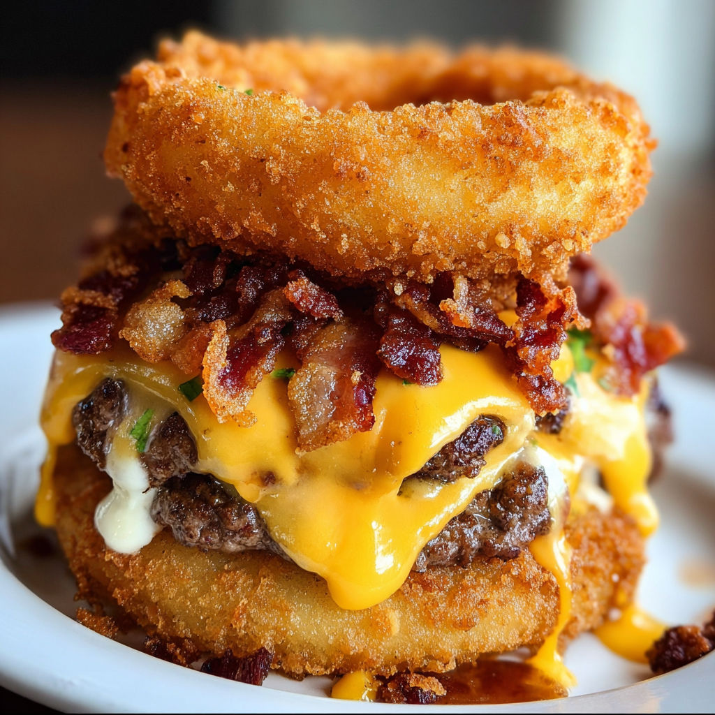 A delicious bacon cheeseburger with onion rings on top.