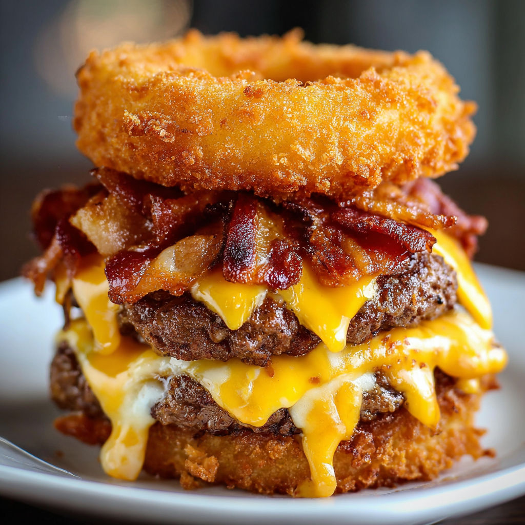 A loaded bacon cheeseburger onion ring is served on a white plate.