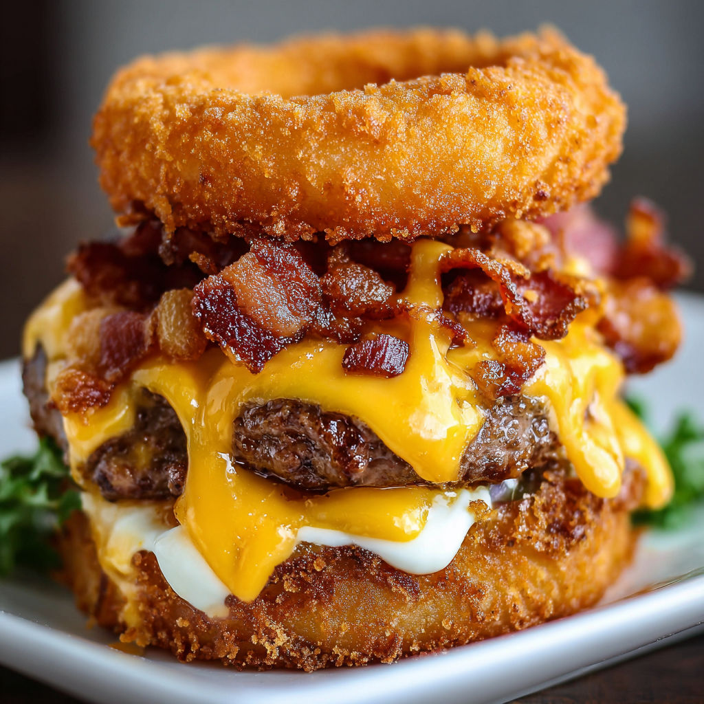 A loaded bacon cheeseburger with onion rings on a plate.