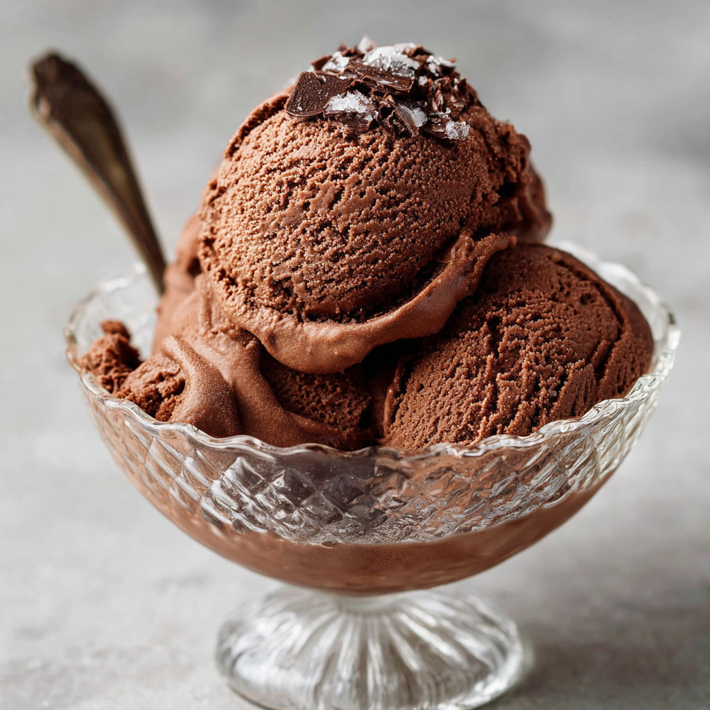A glass bowl filled with a rich, creamy chocolate ice cream.