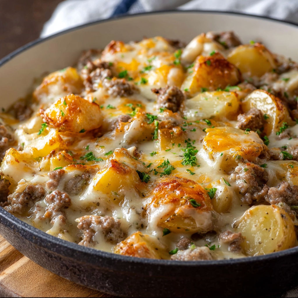 A delicious One-Pan Creamy Meat & Potato Skillet is ready to be served.